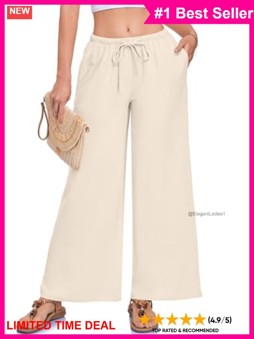 Cotton Linen Wide Leg Palazzo Pants Drawstring Elastic Waist Summer Trousers